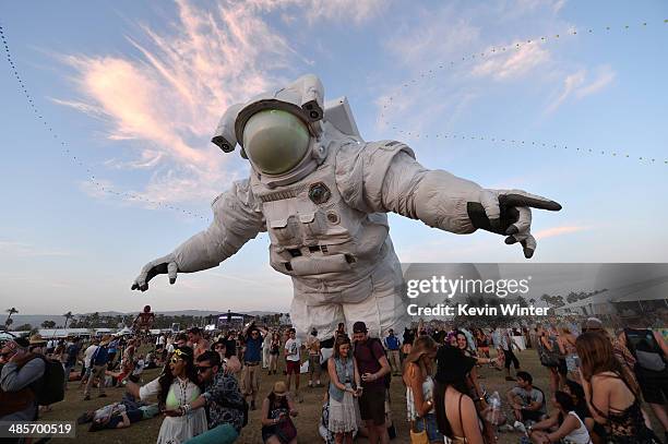 Escape Velocity art installation by Poetic Kinetics is seen during day 2 of the 2014 Coachella Valley Music & Arts Festival at the Empire Polo Club...