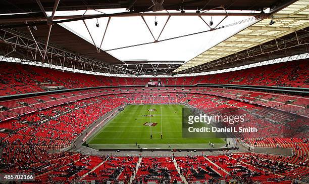 General view of Wembley Stadium prior to the Ladbrokes Challenge Cup Final between Leeds Rhinos and Hull KR at Wembley Stadium on August 29, 2015 in...