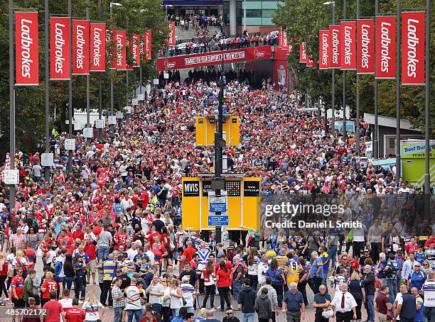 Fans on their way to Wembley Stadium prior to the Ladbrokes Challenge Cup Final between Leeds Rhinos and Hull KR at Wembley Stadium on August 29,...