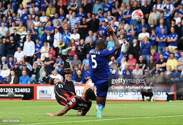 Callum Wilson of Bournemouth scores his team's first goal with a bicycle kick during the Barclays Premier League match between A.F.C. Bournemouth and...