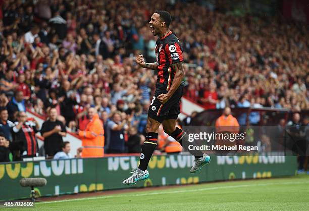 Callum Wilson of Bournemouth celebrates scoring his team's first goal during the Barclays Premier League match between A.F.C. Bournemouth and...