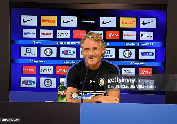 Head coach FC Internazionale Roberto Mancini speaks to the media during a press conference at the club's training ground at Appiano Gentile on August...