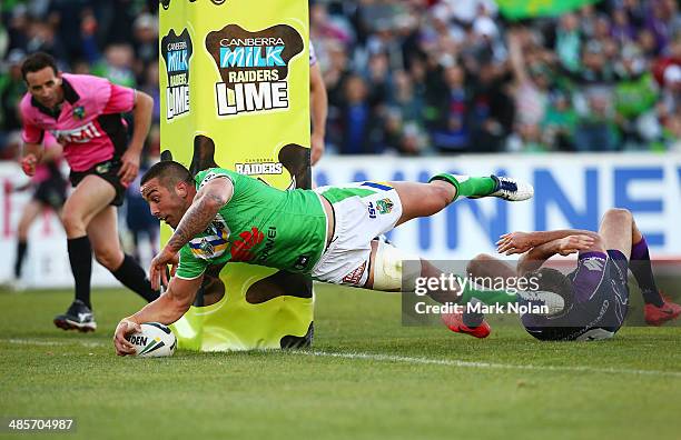 Paul Vaughan of the Raiders scores the match winning try during the round seven NRL match between the Canberra Raiders and the Melbourne Storm at GIO...