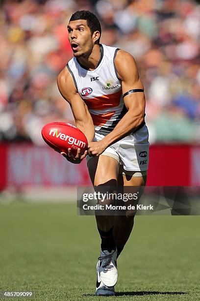 Curtly Hampton of the Giants passes the ball during the round five AFL match between the Adelaide Crows and the Greater Western Sydney Giants at...