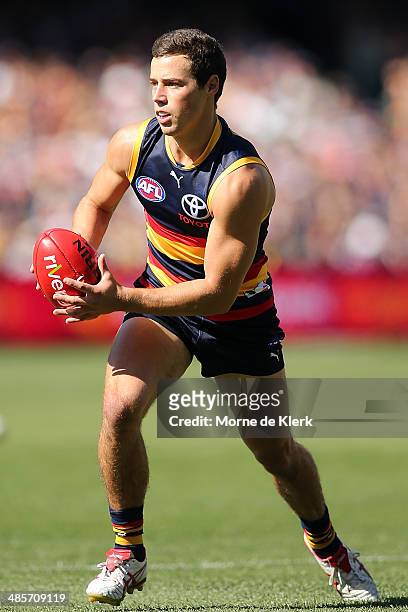 Luke Brown of the Crows runs with the ball during the round five AFL match between the Adelaide Crows and the Greater Western Sydney Giants at...