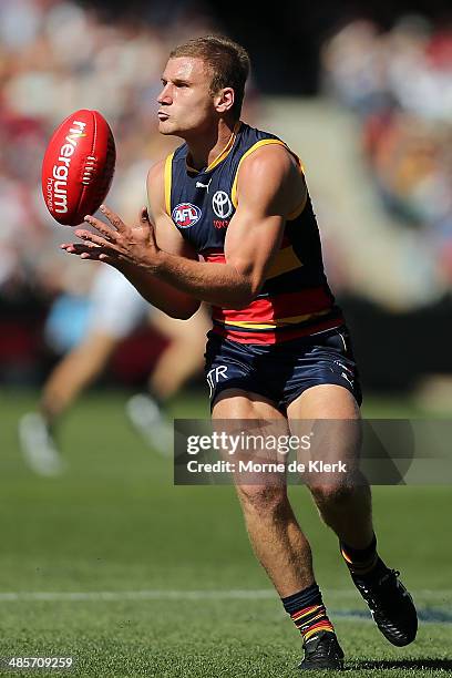 Rory Laird of the Crows takes a mark during the round five AFL match between the Adelaide Crows and the Greater Western Sydney Giants at Adelaide...