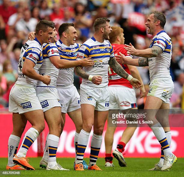 Leeds Rhinos celebrate after scoring a try during the Ladbrokes Challenge Cup Final between Leeds Rhinos and Hull KR at Wembley Stadium on August 29,...