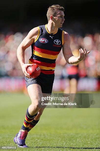 Patrick Dangerfield of the Crows runs with the ball during the round five AFL match between the Adelaide Crows and the Greater Western Sydney Giants...