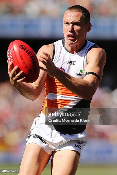 Tom Scully of the Giants takes a mark during the round five AFL match between the Adelaide Crows and the Greater Western Sydney Giants at Adelaide...