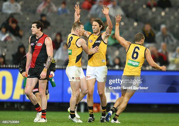 Tyrone Vickery of the Richmond Tigers celebrates after kicking a goal with Jack Riewoldt of the Richmond Tigers during the round 22 AFL match between...