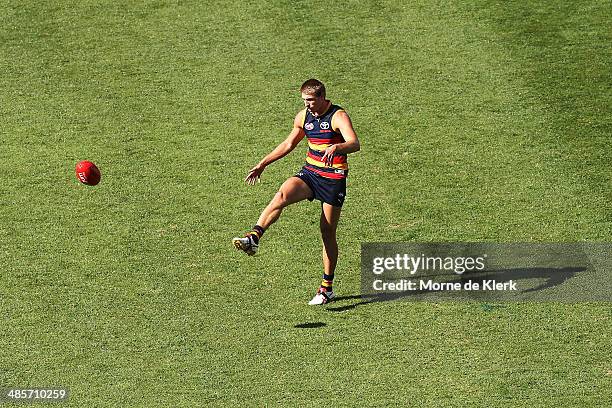 Daniel Talia of the Crows kicks the ball during the round five AFL match between the Adelaide Crows and the Greater Western Sydney Giants at Adelaide...