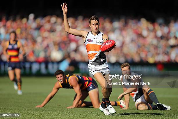 Joshua Kelly of the Giants kicks the ball during the round five AFL match between the Adelaide Crows and the Greater Western Sydney Giants at...