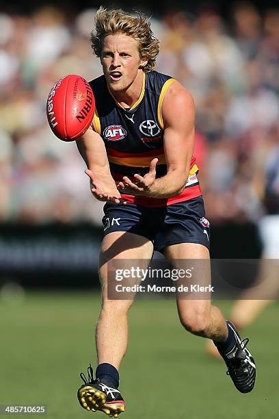 Rory Sloane of the Crows takes a mark during the round five AFL match between the Adelaide Crows and the Greater Western Sydney Giants at Adelaide...