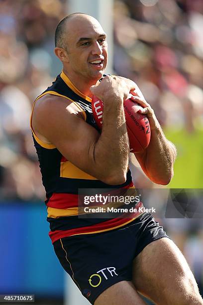 James Podsiadly of the Crows takes a mark during the round five AFL match between the Adelaide Crows and the Greater Western Sydney Giants at...