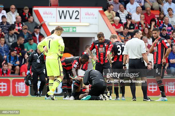 Tyrone Mings of Bournemouth is attended to before having to substituted during the Premier League match between Bournemouth and Leicester City at the...