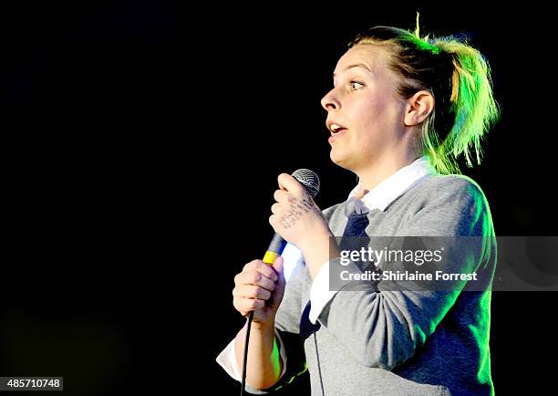 Comedian Sara Pascoe performs on Day 3 of the Leeds Festival at Bramham Park on August 29, 2015 in Leeds, England.