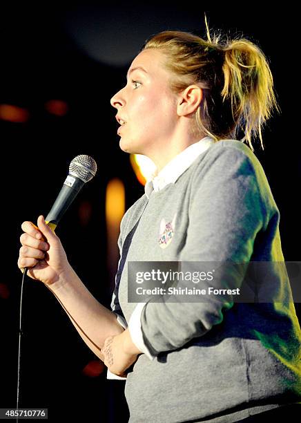 Comedian Sara Pascoe performs on Day 3 of the Leeds Festival at Bramham Park on August 29, 2015 in Leeds, England.