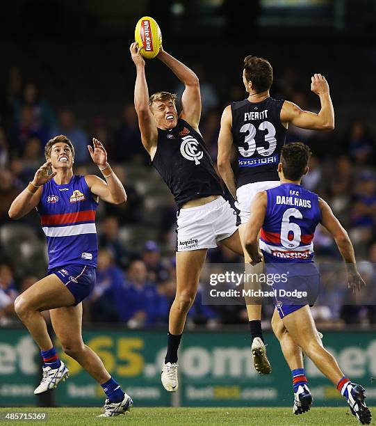 Patrick Cripps of the Blues marks the ball away during the round five AFL match between the Western Bulldogs and the Carlton Blues at Etihad Stadium...