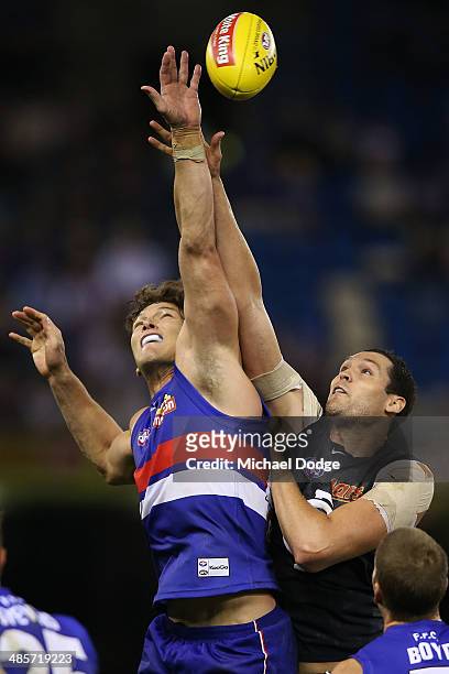 Robert Warnock of the Blues and Will Minson of the Bulldogs contest for the ball during the round five AFL match between the Western Bulldogs and the...