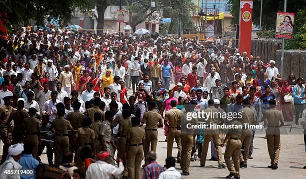 Devotees arriving on their foot to take holy dip at Ramkund during the first Shahi Snan of Simhastha Kumbh Mela on August 29, 2015 in Nashik, India....