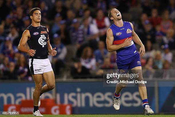 Matthew Boyd of the Bulldogs reacts after missing a kick for goal during the round five AFL match between the Western Bulldogs and the Carlton Blues...