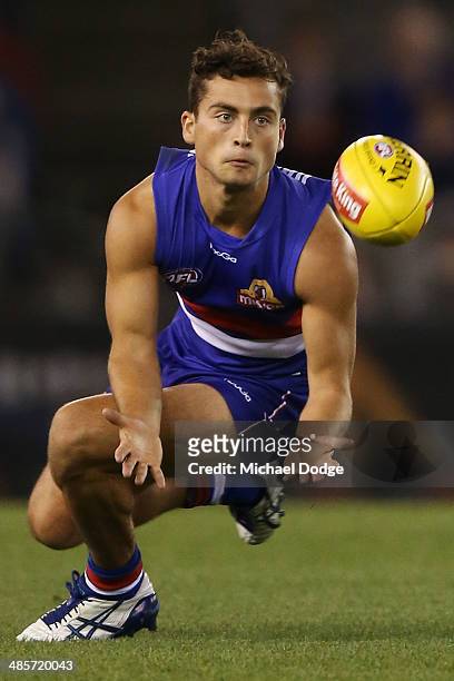 Luke Dahlhaus of the Bulldogs marks the ball during the round five AFL match between the Western Bulldogs and the Carlton Blues at Etihad Stadium on...