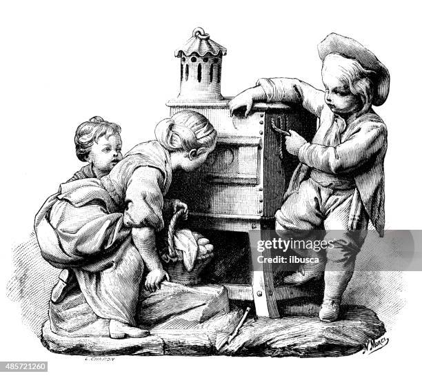 antique illustration of children with "magic lantern" - tv family stock illustrations