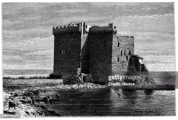 stockillustraties, clipart, cartoons en iconen met antique illustration of saint-honorat monastery - cannes