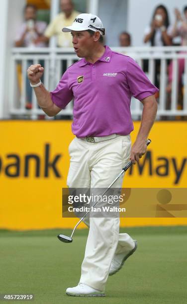 Lee Westwood of England celebrates after winning the Final round of the 2014 Maybank Malaysian Open at Kuala Lumpur Golf & Country Club on April 20,...