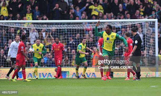 Norwich City's Dutch midfielder Leroy Fer celebrates after Norwich City's English striker Gary Hooper scored a goal during the English Premier League...