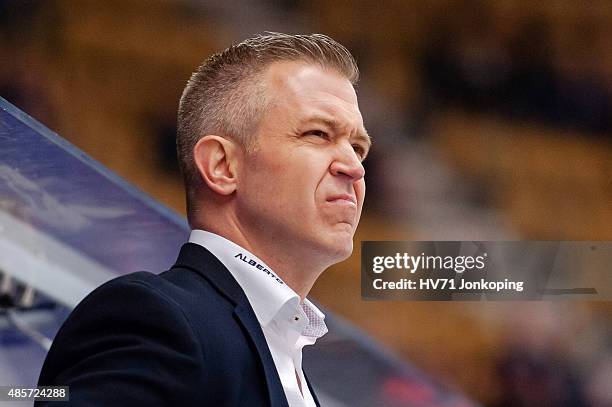 Dan Ceman , headcoach of Sonderjyske during the Champions Hockey League group stage game between HV71 Jonkoping and SonderjyskE Vojens on August 29,...