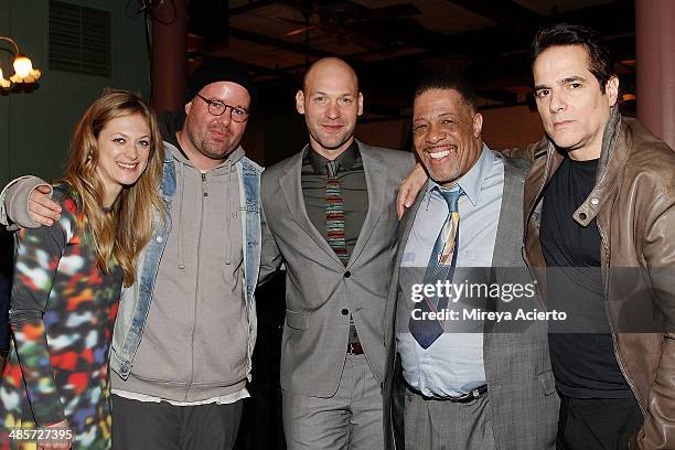 Cast members Marin Ireland, Corey Stoll, Cortez Nance and Yul Vazquez pose with director Noah Buschel at the after party for the premiere of "Glass...