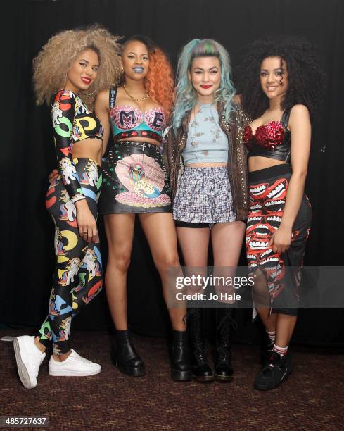 Jess Plummer, Amira McCarthy, Asami Zdrenka and Shereen Cutkelvin of Neon Jungle pose backstage at Heaven at G-A-Y on April 19, 2014 in London,...