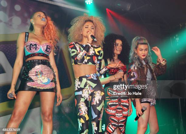 Amira McCarthy, Jess Plummer, Shereen Cutkelvin and Asami Zdrenka of Neon Jungle perform at Heaven at G-A-Y on April 19, 2014 in London, England.