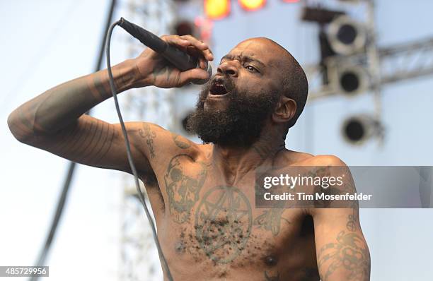 Ride of Death Grips performs during Riot Fest at the National Western Complex on August 28, 2015 in Denver, Colorado.
