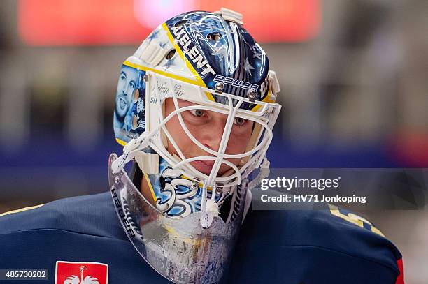 Erik Ersberg Goaltender of HV71 during the Champions Hockey League group stage game between HV71 Jonkoping and SonderjyskE Vojens on August 29, 2015...