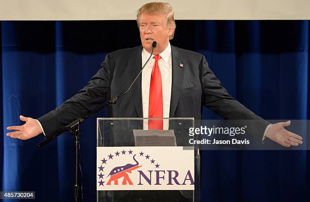 Republican presidential candidate Donald Trump speaks at the National Federation of Republican Assemblies Presidential Preference Convention at...
