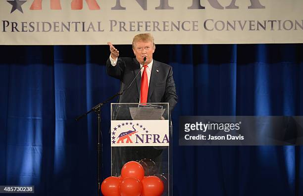 Republican presidential candidate Donald Trump speaks at the National Federation of Republican Assemblies Presidential Preference Convention at...