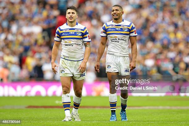 Tom Briscoe and Kallum Watkins of Leeds Rhinos have a smile after defeating Hull KR 50-0 during the Ladbrokes Challenge Cup Final between Leeds...