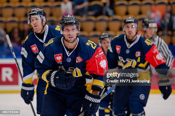 Chris Abbott of HV71 after scoring during the Champions Hockey League group stage game between HV71 Jonkoping and SonderjyskE Vojens on August 29,...