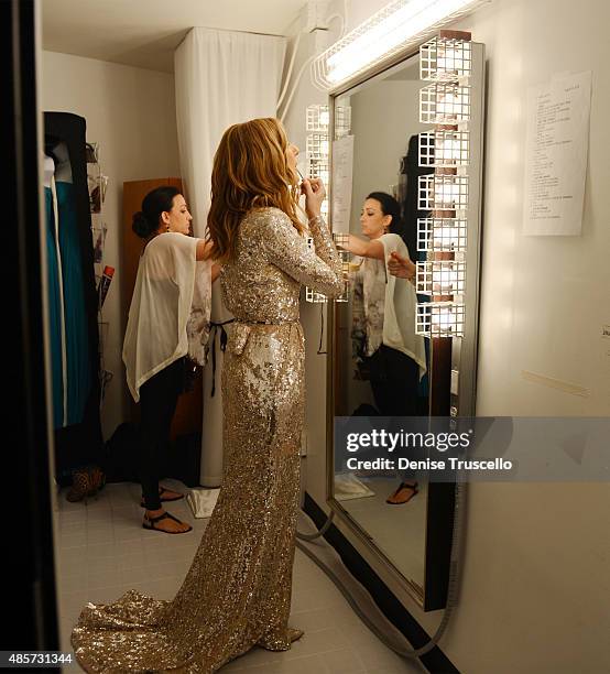 Celine Dion prepares backstage at the premiere of the much-anticipated return of her headline residency show at The Colosseum at Caesars Palace on...