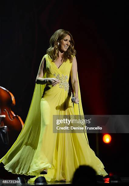 Celine Dion performs at the premiere of the much-anticipated return of her headline residency show at The Colosseum at Caesars Palace on August 27,...