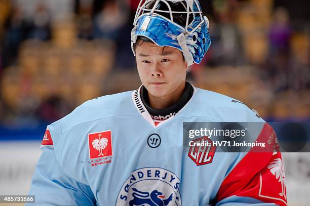 Jon Lee-Olsen Goaltender of Sonderjyske during the Champions Hockey League group stage game between HV71 Jonkoping and SonderjyskE Vojens on August...