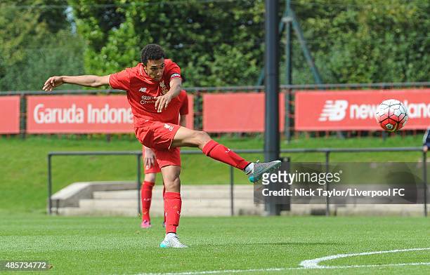 Trent Alexander-Arnold of Liverpool in action during the Liverpool v Blackburn Rovers U18 Premier League game at the Liverpool FC Academy on August...