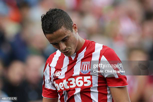 Ibrahim Afellay of Stoke City walks off the field after being sent off during the Barclays Premier League match between Stoke City and West Bromwich...