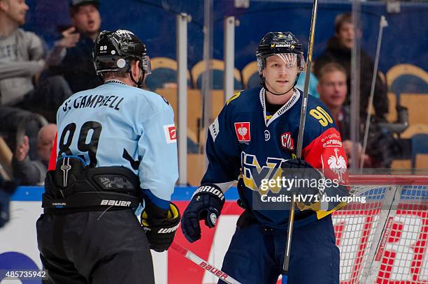 Ted Brithen of HV71 Scott Campbell of Sonderjyske during the Champions Hockey League group stage game between HV71 Jonkoping and SonderjyskE Vojens...