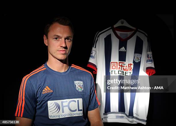 West Bromwich Albion unveil new signing Jonny Evans from Manchester Untied at West Bromwich Albion Training Ground on August 28, 2015 in Walsall,...