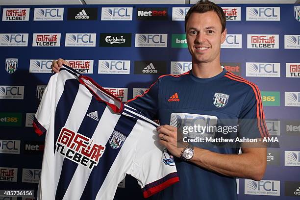 West Bromwich Albion unveil new signing Jonny Evans from Manchester Untied at West Bromwich Albion Training Ground on August 28, 2015 in Walsall,...