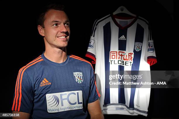 West Bromwich Albion unveil new signing Jonny Evans from Manchester Untied at West Bromwich Albion Training Ground on August 28, 2015 in Walsall,...