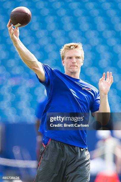 Matt Simms of the Buffalo Bills warms up before a preseason game against the Pittsburgh Steelers on August 29, 2015 at Ralph Wilson Stadium in...